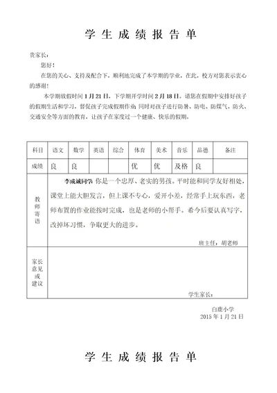 小学生成绩报告单模子