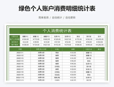 绿色个人账户消费明细统计表