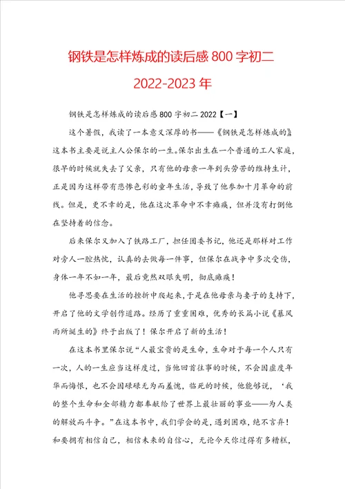 钢铁是怎样炼成的读后感800字初二20222023年