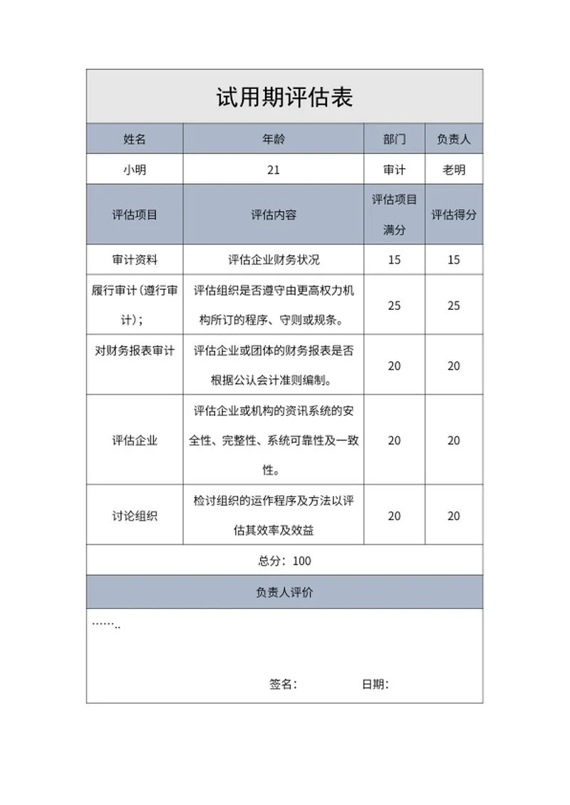 部门试用期评估表word模板