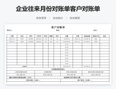 企业往来月份对账单客户对账单模版