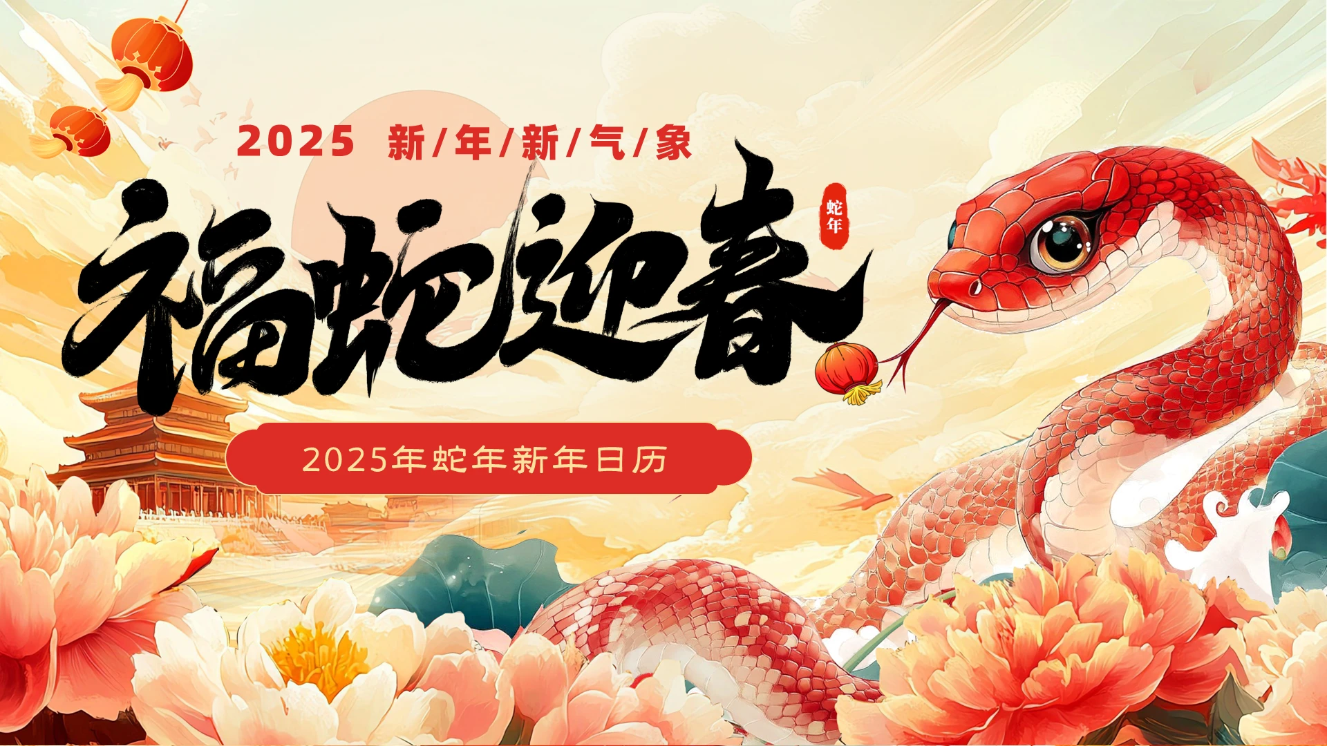 红色喜庆福蛇迎春蛇年日历PPT2025年蛇年