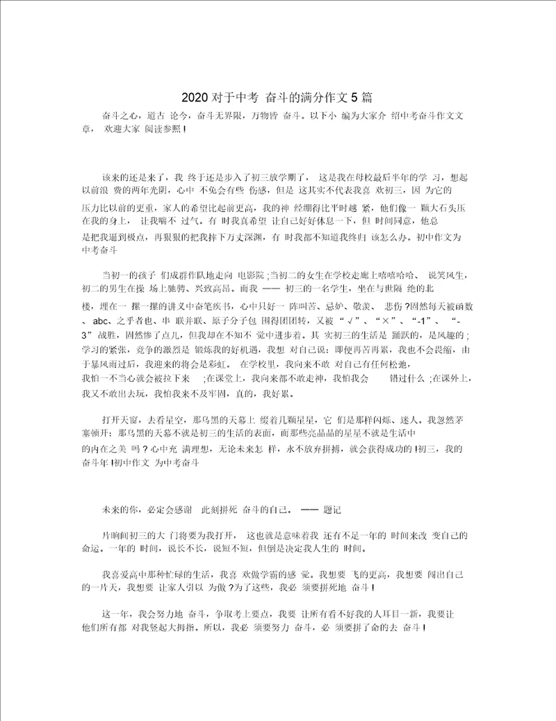 2020关于中考奋斗作文5篇