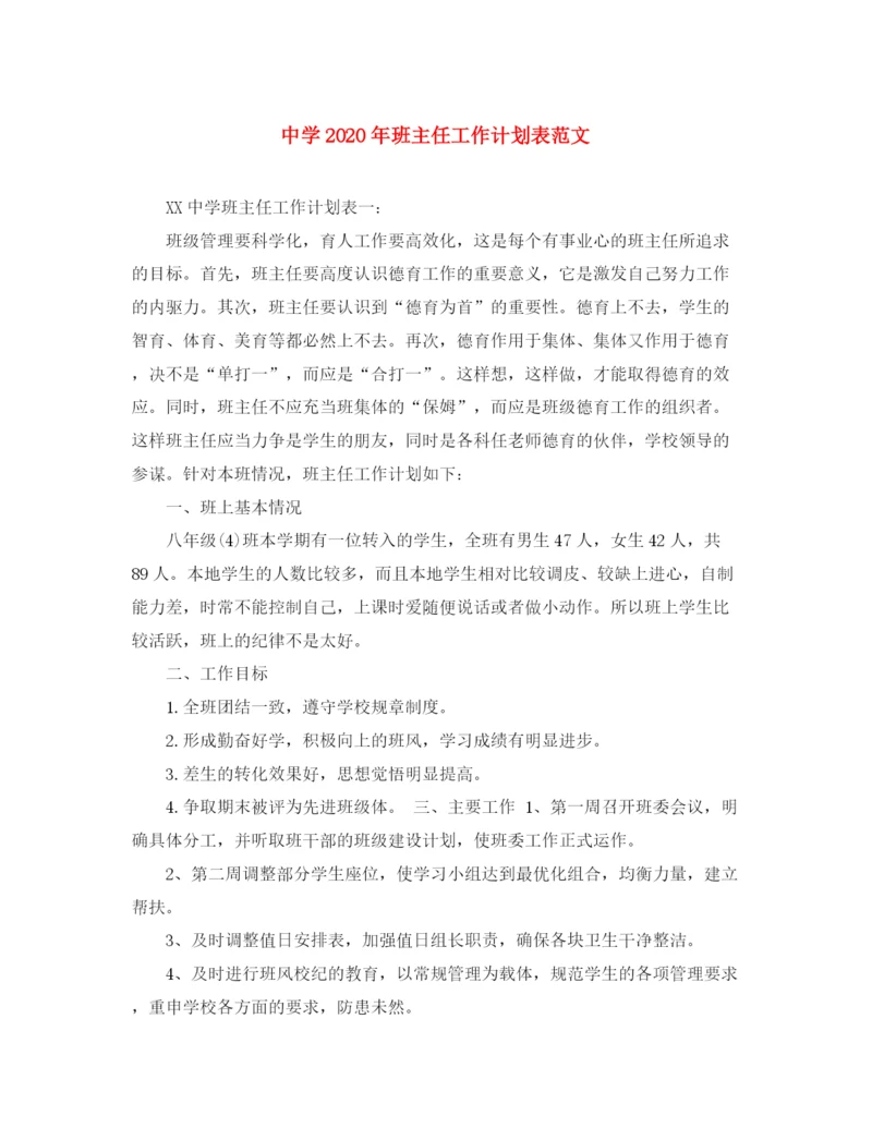 精编之年班主任工作计划表范文.docx