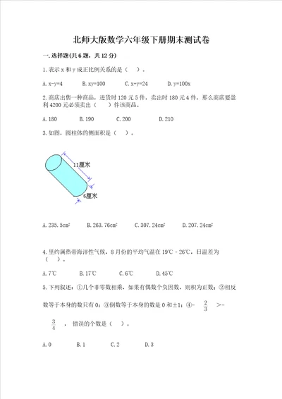 北师大版数学六年级下册期末测试卷精品必刷