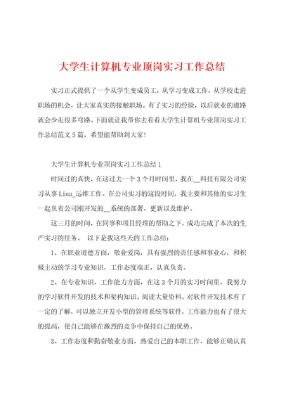 大学生计算机专业顶岗实习工作总结