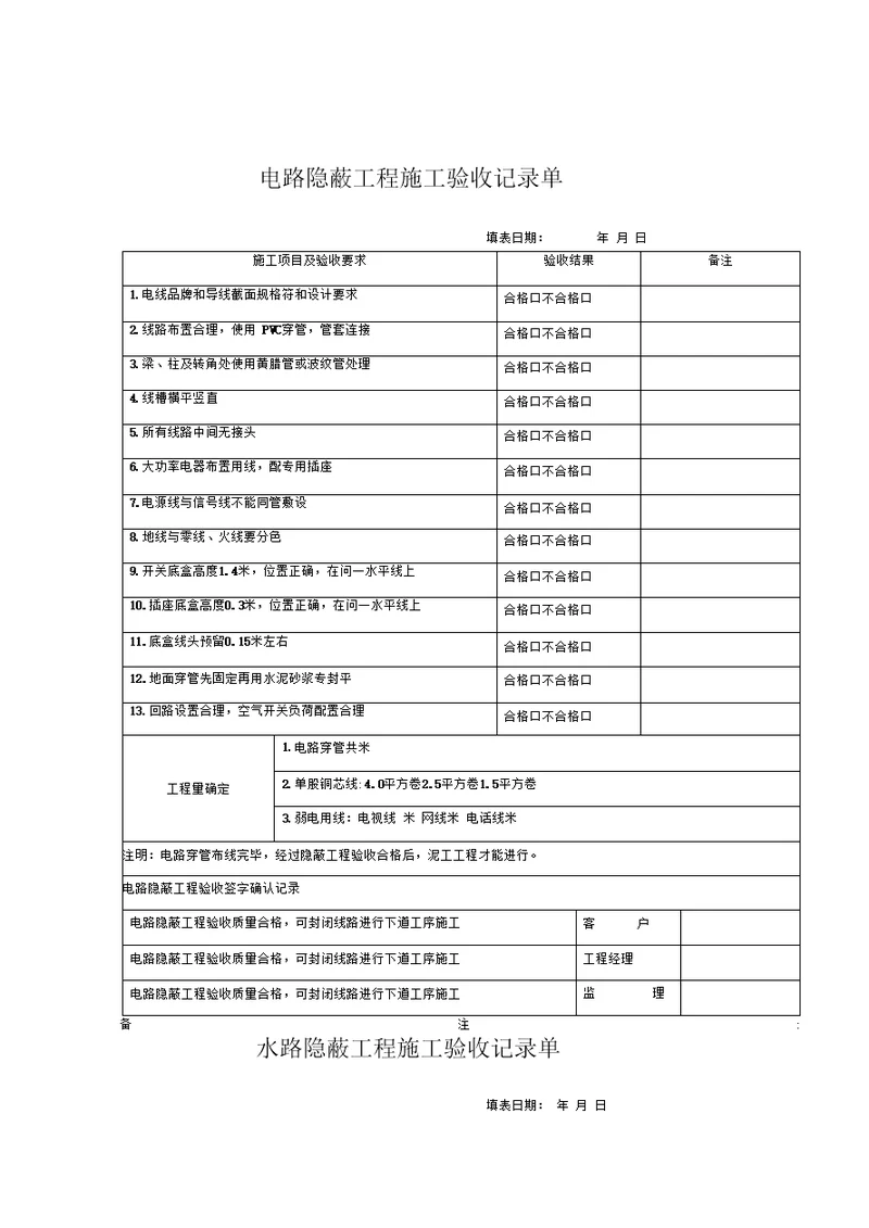 电路隐蔽工程施工验收记录单