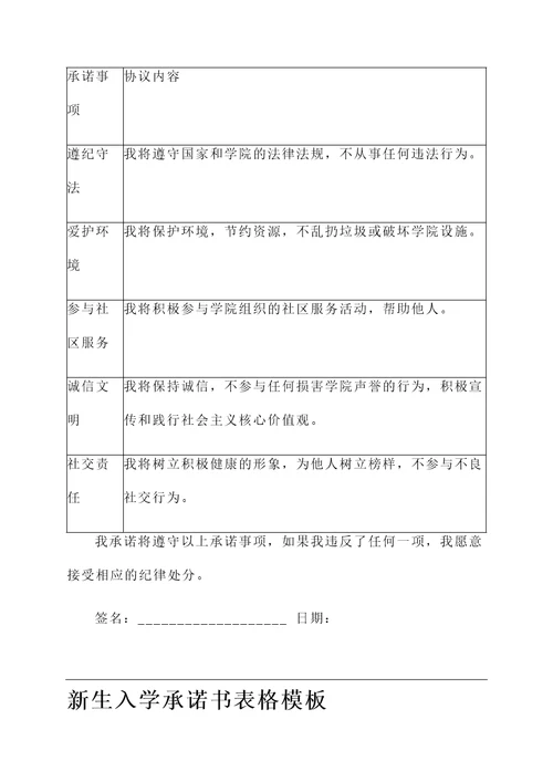 新生入学承诺书表格模板