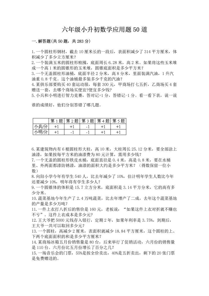 六年级小升初数学应用题50道及完整答案（典优）.docx