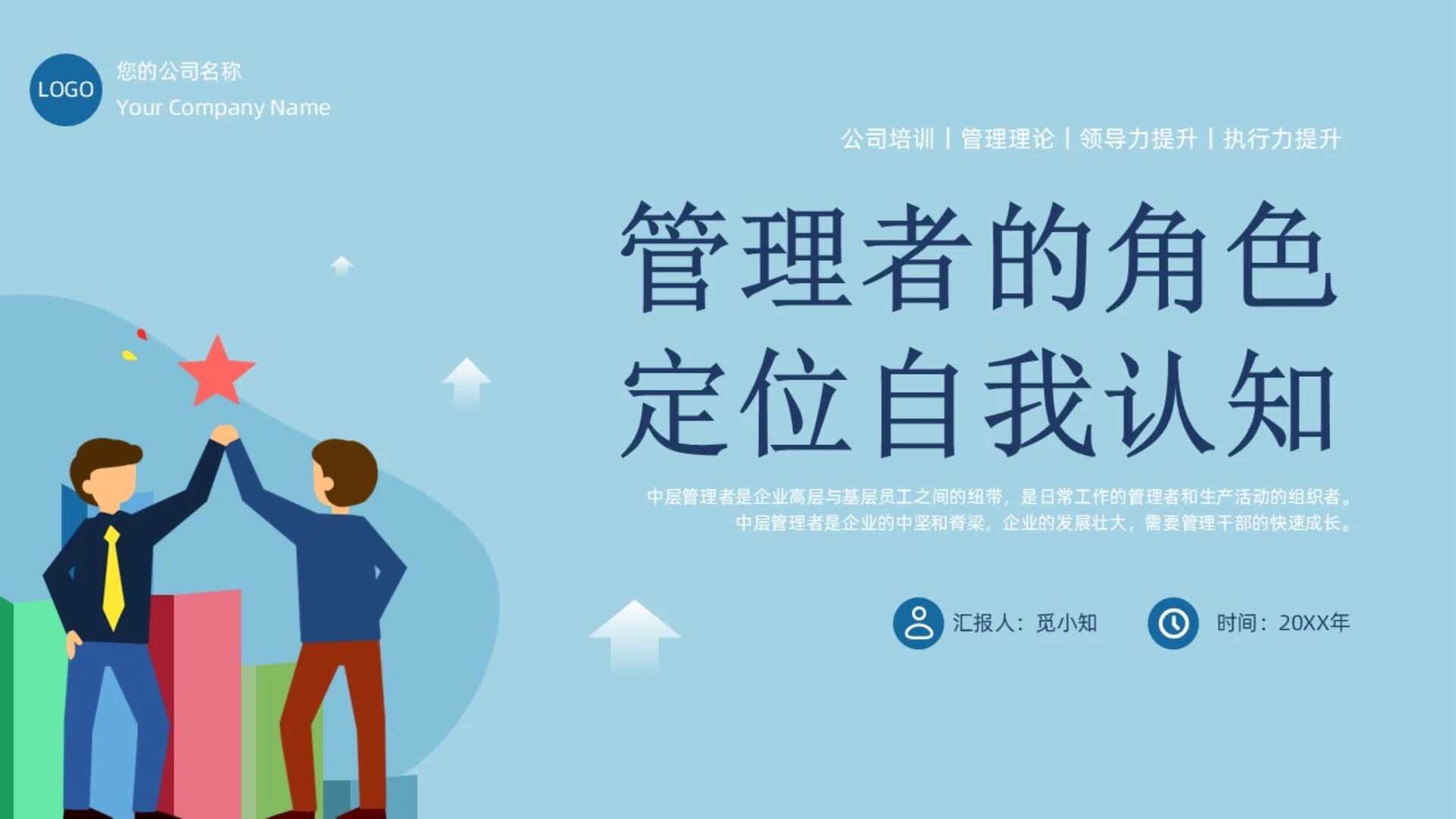 莫兰迪蓝色插画风管理者的角色定位自我认知公司培训ppt模团队管理