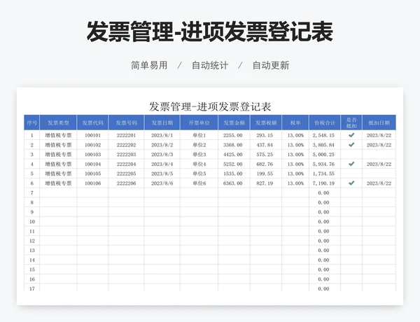 发票管理-进项发票登记表