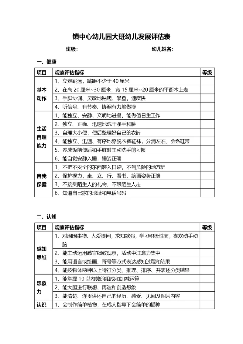 幼儿园大、中、小班幼儿发展评估表