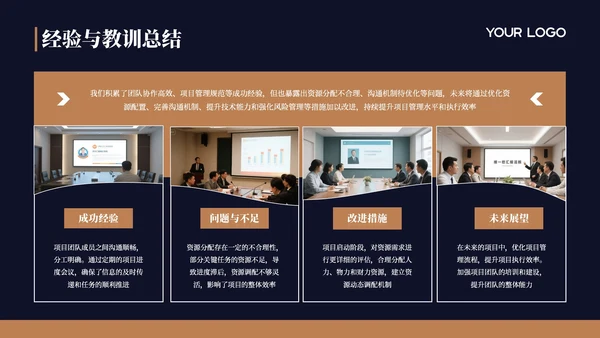 深蓝色商务风年中汇报通用PPT模板