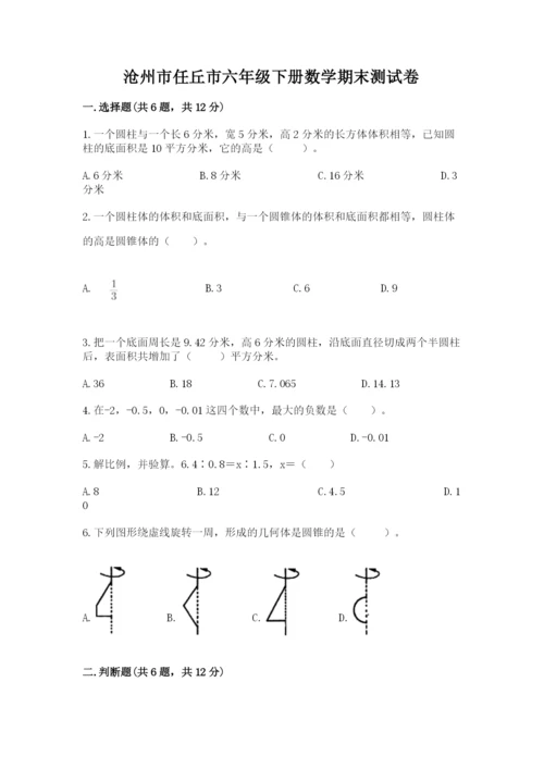 沧州市任丘市六年级下册数学期末测试卷往年题考.docx