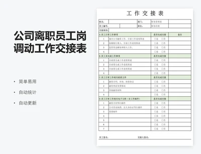 公司离职员工岗调动工作交接表excel表格