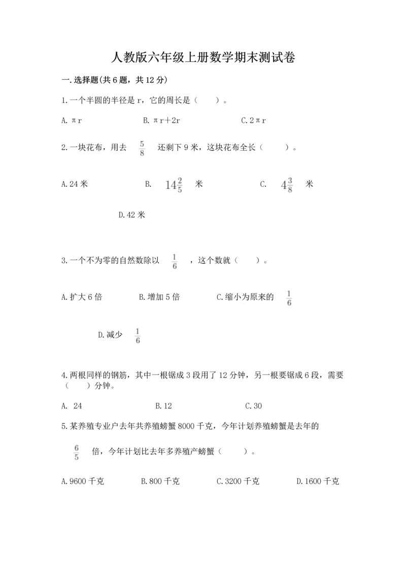 人教版六年级上册数学期末测试卷全面.docx