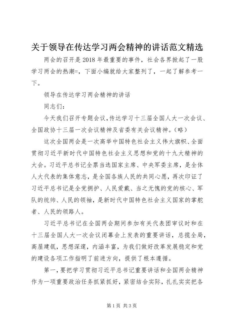 关于领导在传达学习两会精神的讲话范文精选.docx