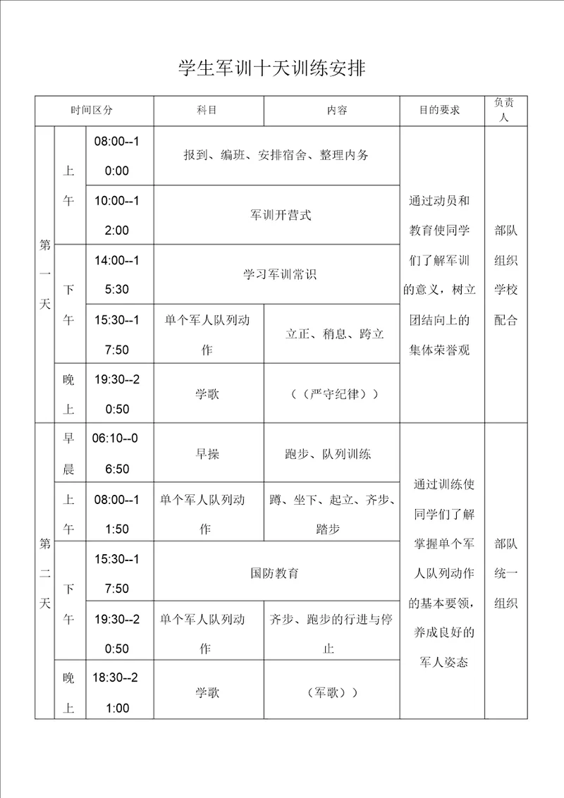 精选学生军训十天训练安排2