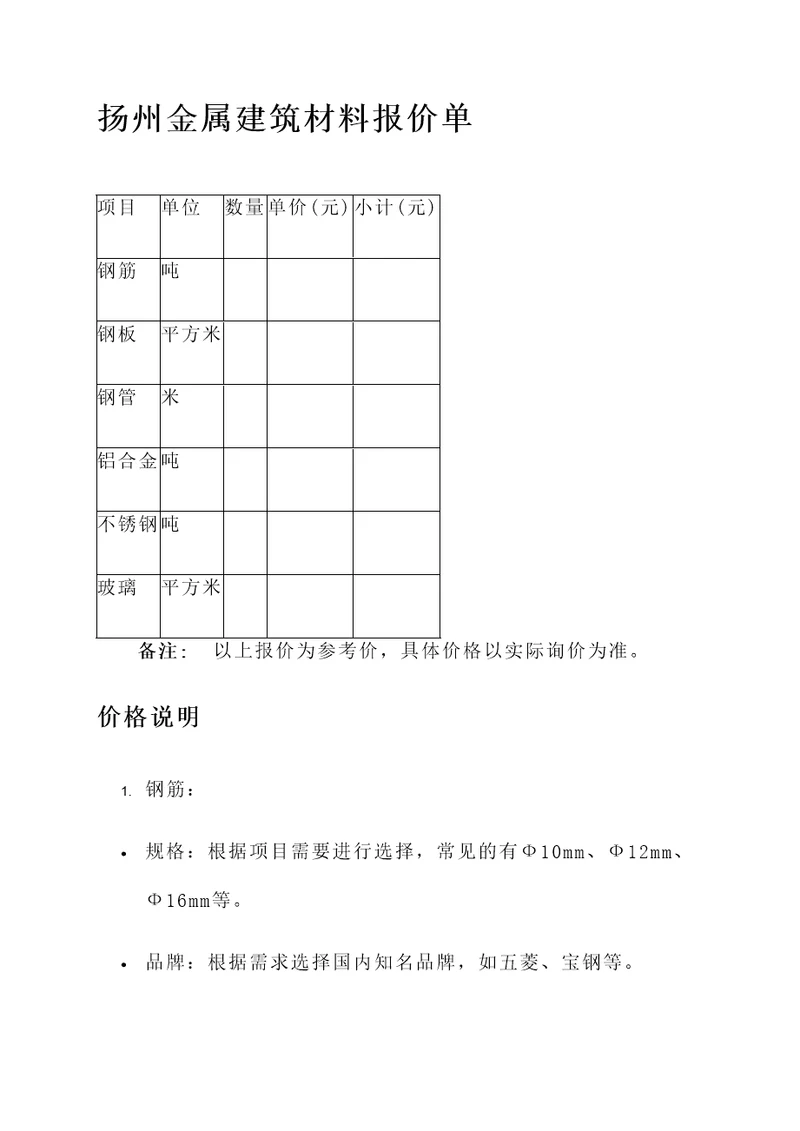 扬州金属建筑材料报价单