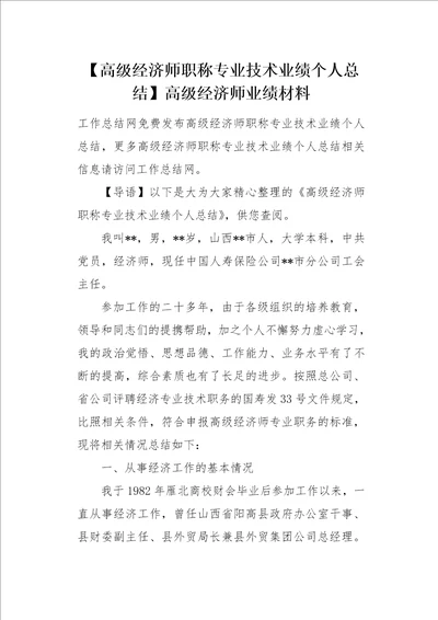 高级经济师职称专业技术业绩个人总结