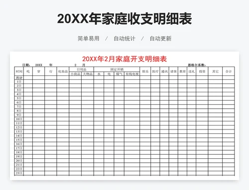 20XX年家庭收支明细表