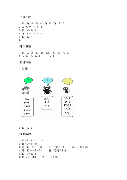 冀教版一年级上册数学第九单元 20以内的减法 测试卷附答案夺分金卷