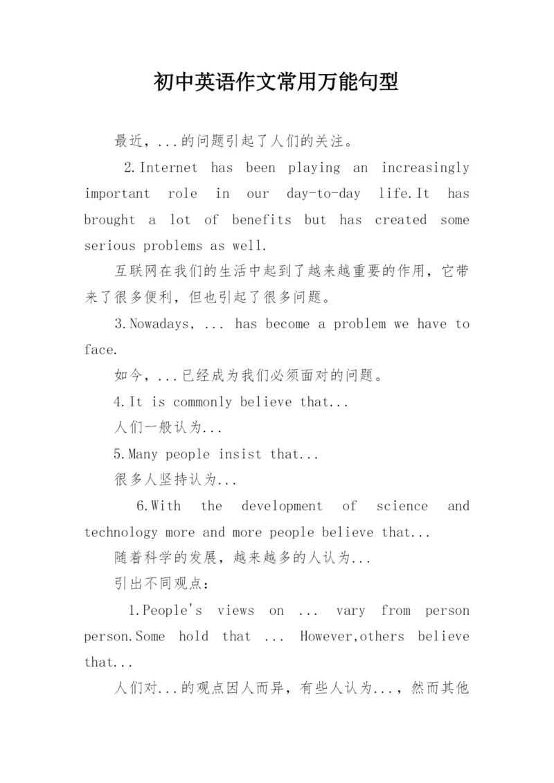 初中英语作文常用万能句型.docx