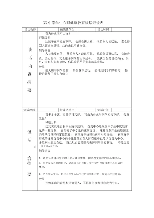 学生心理健康教育谈话记录表