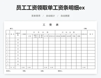 员工工资领取单工资条明细excel模板