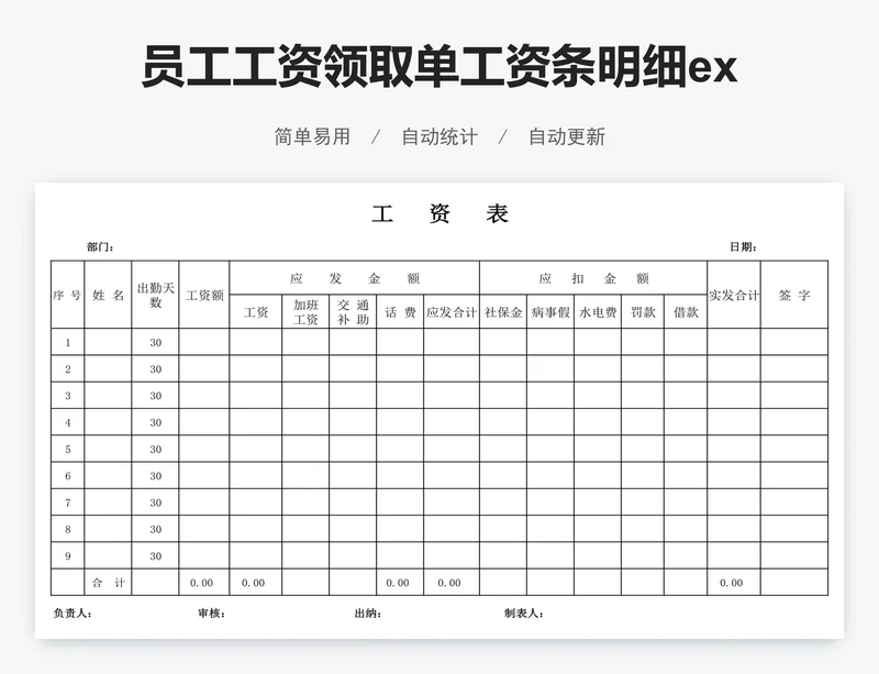 员工工资领取单工资条明细excel模板