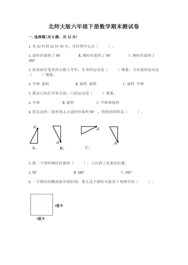 北师大版六年级下册数学期末测试卷带答案（达标题）.docx