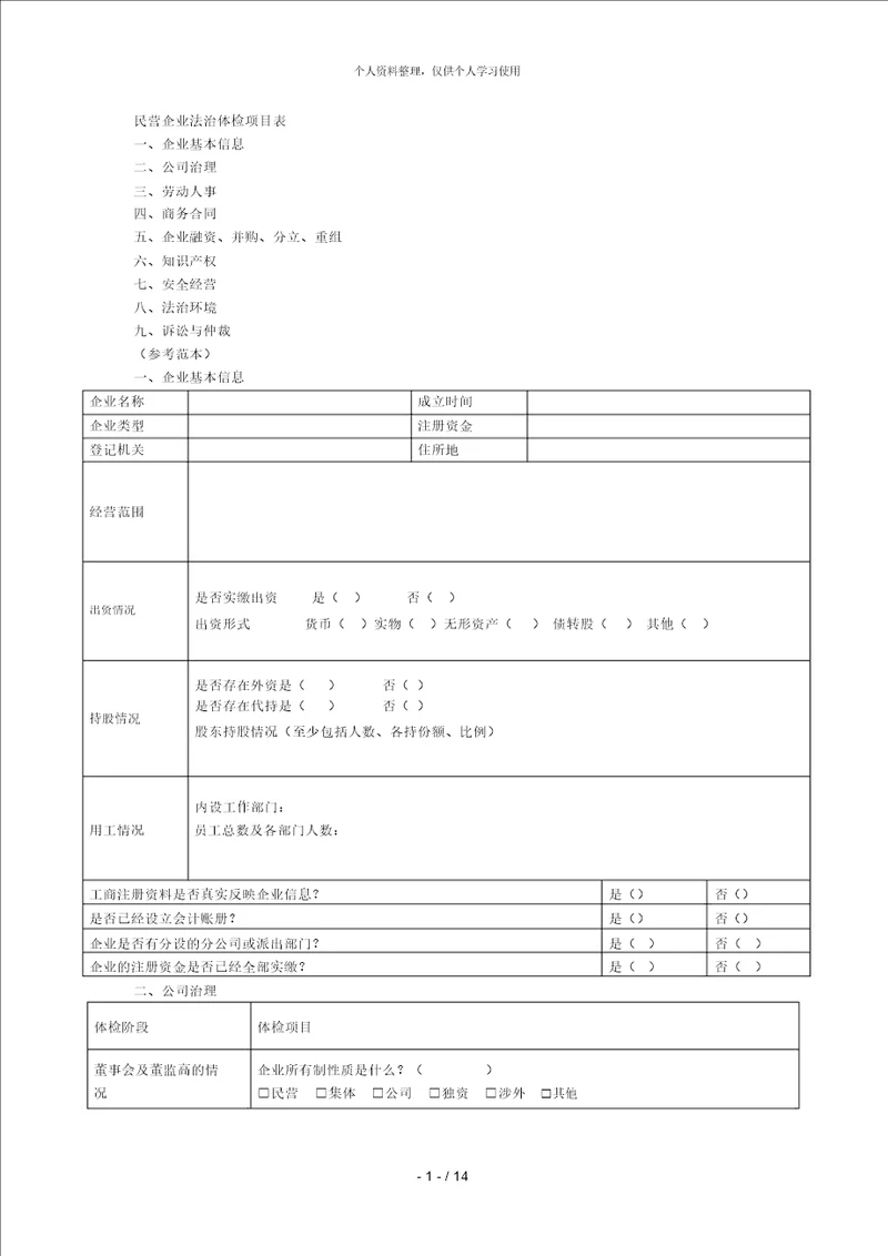 民营企业法治体检项目表