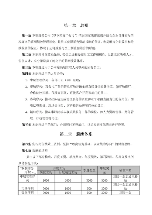 某培训学校薪酬绩效管理制度