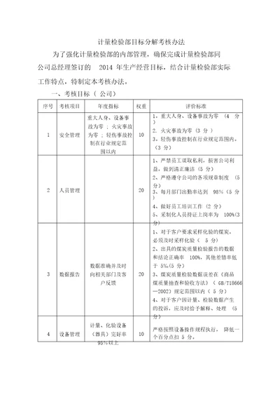 计量检验部目标分解考核办法