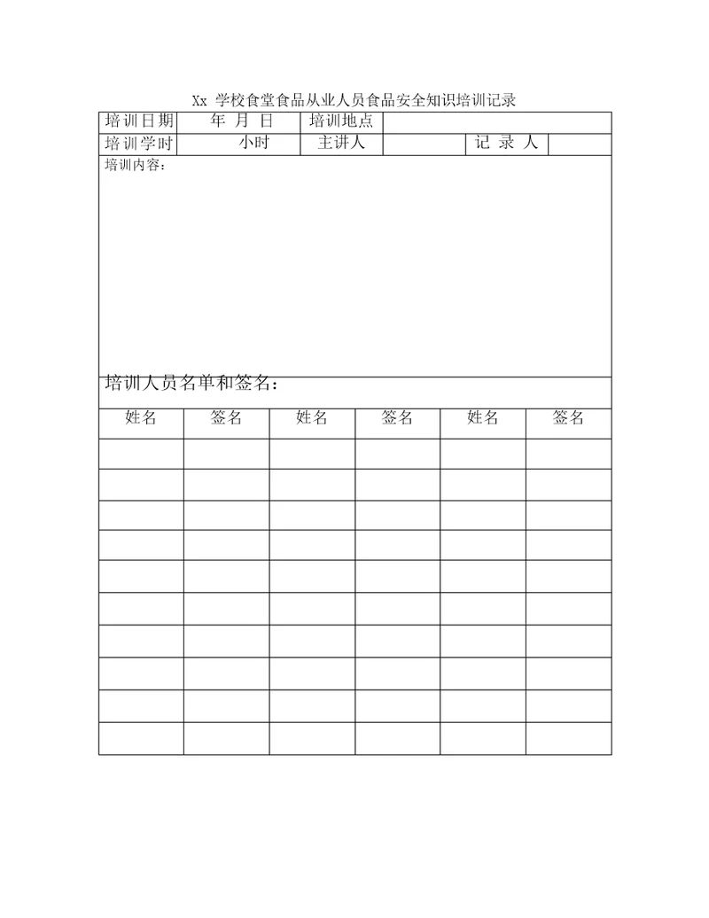 学校食堂食品从业人员食品安全知识培训记录