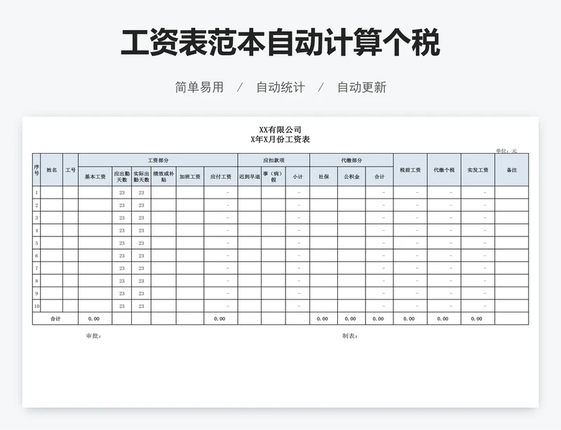 工资表范本自动计算个税
