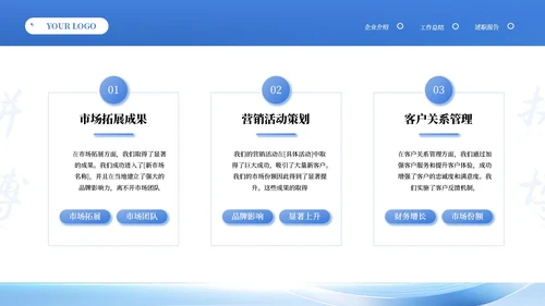 蓝色商务风季度工作总结汇报PPT模板