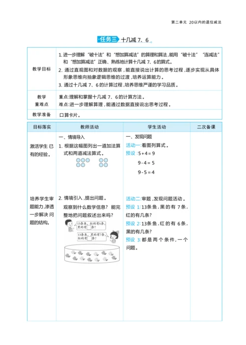 第二单元20以内的退位减法（大单元教学设计）-2024-2025学年一年级下册数学人教版（2024）