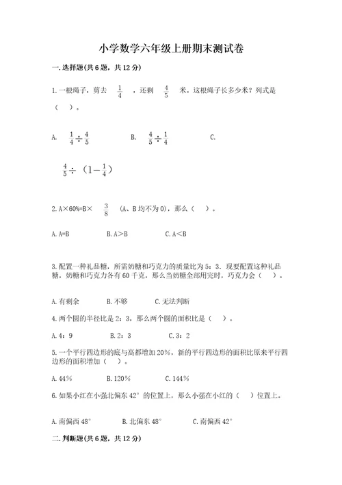 小学数学六年级上册期末测试卷精品（名校卷）