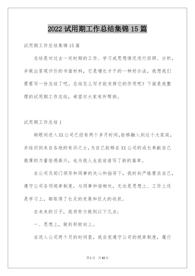 2022试用期工作总结集锦15篇.docx