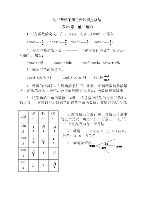 初三数学下册知识点总结