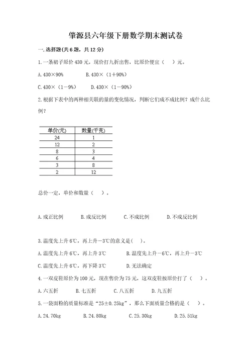 肇源县六年级下册数学期末测试卷1套