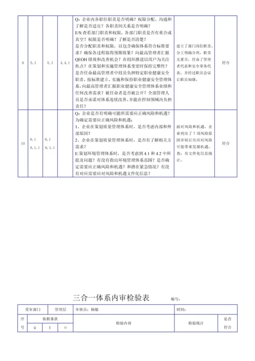 新版三合一综合体系内审检查表.docx