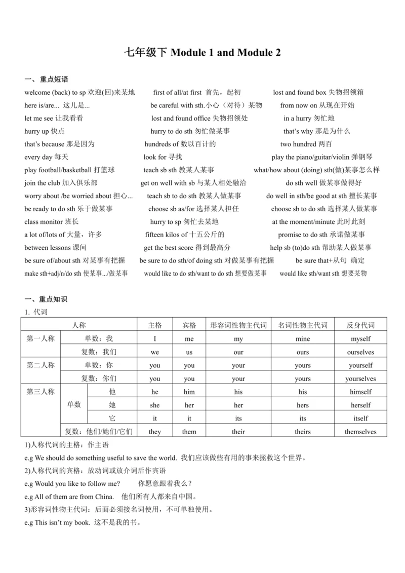 外研版英语七年级下册1-6模块重点知识复习资料
