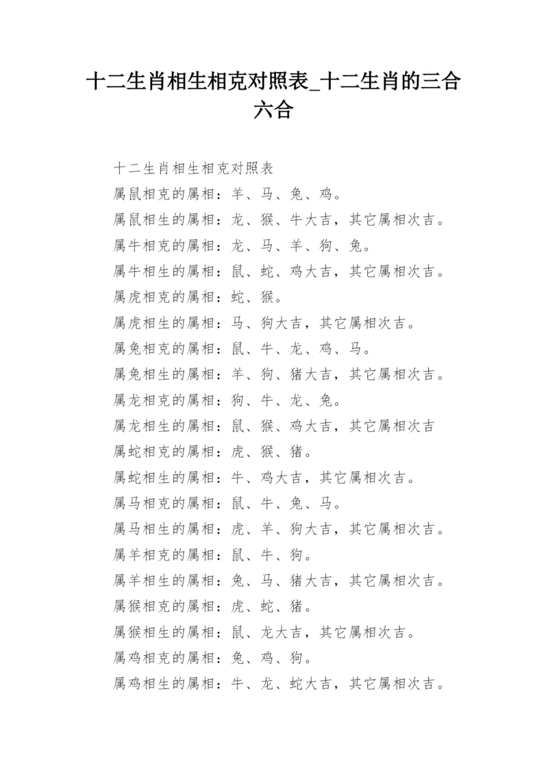 十二生肖相生相克对照表_十二生肖的三合六合.docx