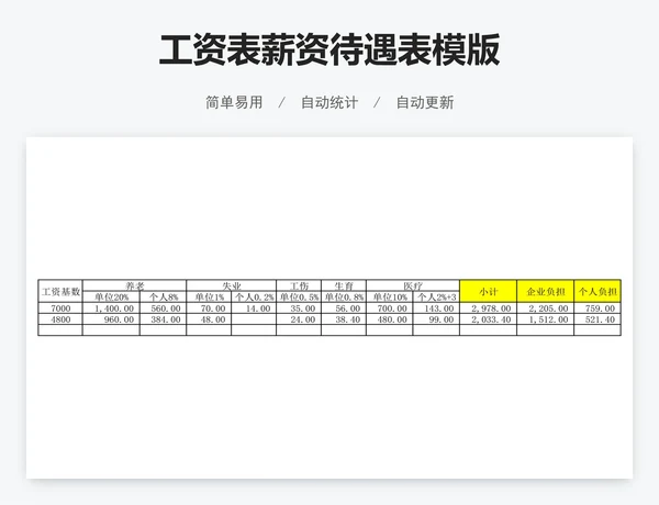 工资表薪资待遇表模版