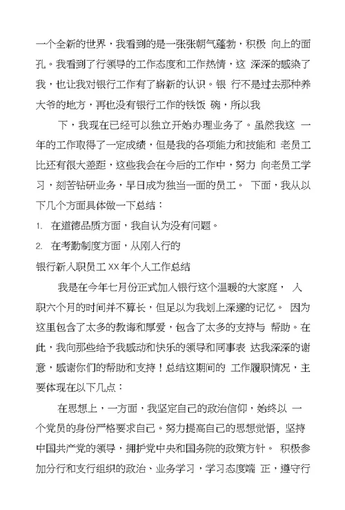 银行新员工个人工作总结
