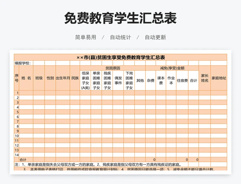 免费教育学生汇总表