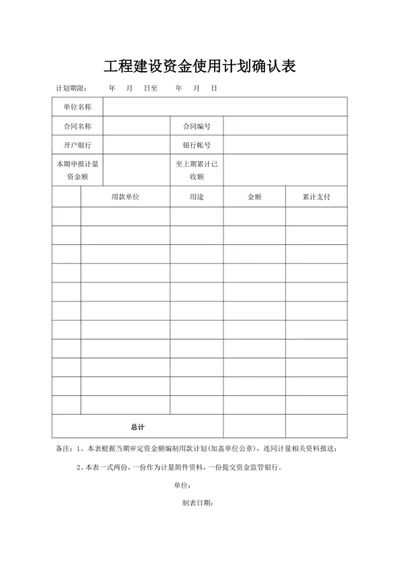 工程建设资金使用计划确认表