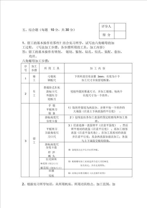 金工实习期末考试试题及答案